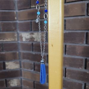 Long length tassle costume blue and silver necklace beads, adjustable